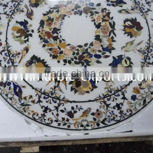 White Round Marble Stone Inlay Dinning Table Top Pietra Dura Table Top photo-2