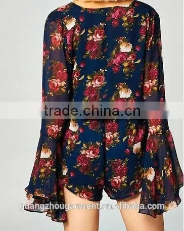 Cheap 2015 Sexy Ladies Long Bell Sleeve Deep V Neck Print Floral Plus Size Loose Short Chiffon Playsuit Romper Jumpsuit photo-2