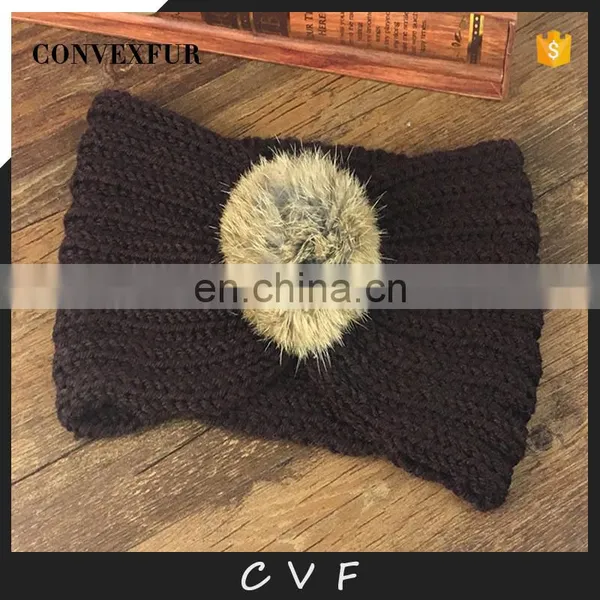 Natural Rabbit Fur Pompom Headband Wholesale Winter Knit Headband