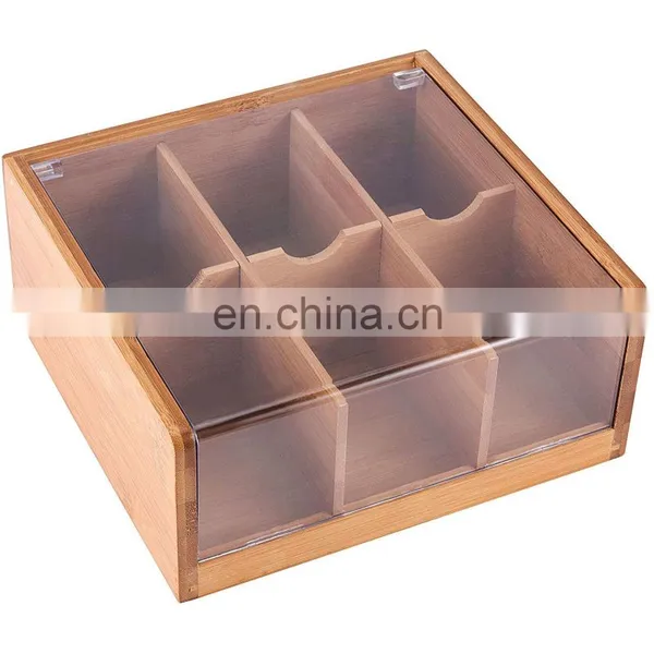 6 Compartments Bamboo Tea Bag Storage Organizer Bamboo Tea Bag Box With Clear Hinged Lid