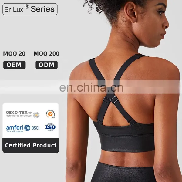 Fashion Custom Private Label Training Sports Wear High Impact Sports Bra Leather Black