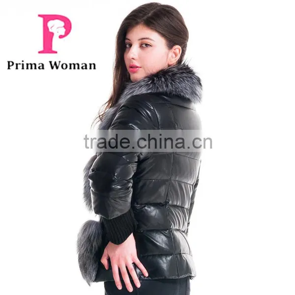 2015 Winter Fashion Leather Short Women Jacket With Silver Fox Collar Detachable Cuffs Overcoat photo-2
