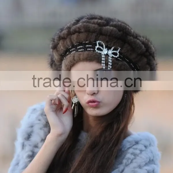 Spring/Winter Lady Mink Fur Knitted Hat With Genuine Fur Pom Poms