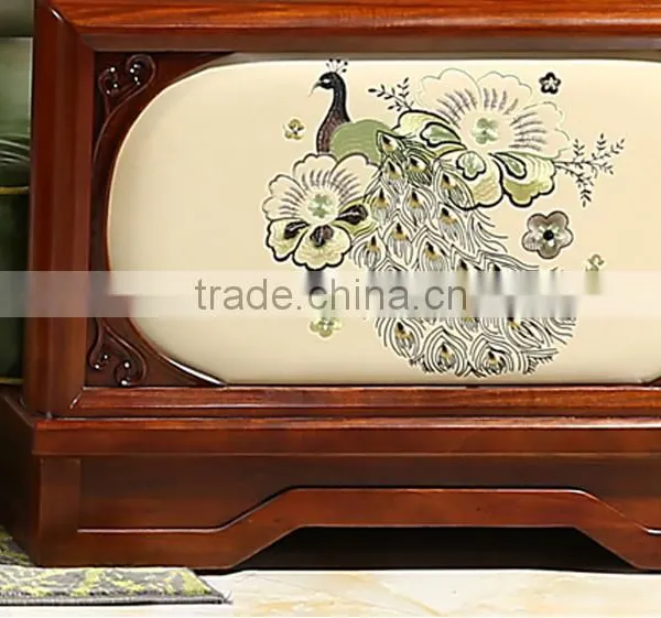Country Style Wooden And Genuine Leather Sofa Set With Peacock Pattern, Neo Classic Living Room Set(MOQ=1 SET) photo-5