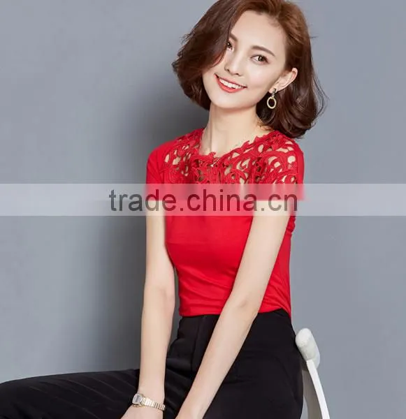 2017 New Design Sexy Women Tops Stitching Hollow Comfortable Women's Lace T-shirt photo-2