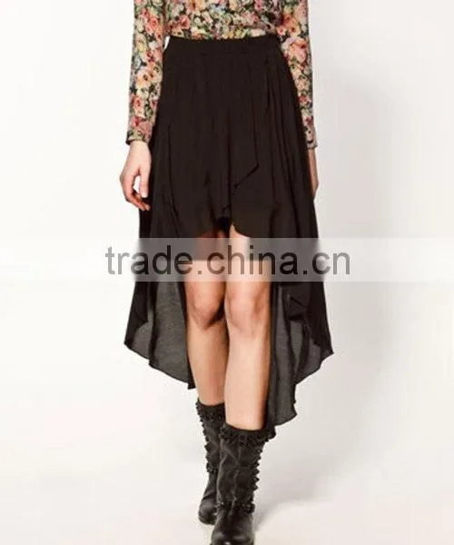 Hot Selling Plain Black Skirt Casual Chiffon Skirt Short Front and Long Back Skirts