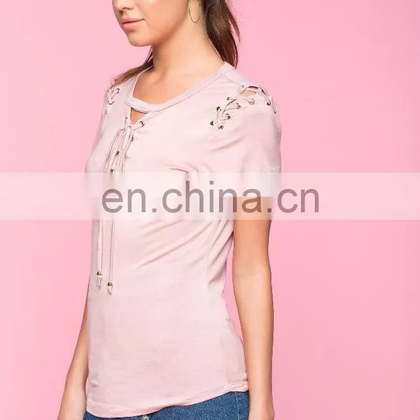 Wholesale Custom Comfort Colors T-shirts Fashion Lady T-shirt With Lace-up Details photo-6