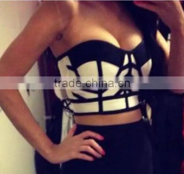 Summer Dress 2014 New Free Elastic Knitted J593 Ladies Fashion Strapless Bandage Crop Top Black Bandage Bodycon Women Wearing