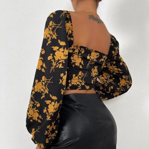 Floral Print Women Long Sleeve Crop Blouse photo-4