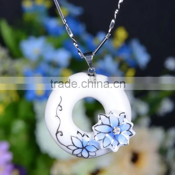Czech Diamond Paved Enamel Famille Rose Porcelain Glazed Pendant Necklace photo-2