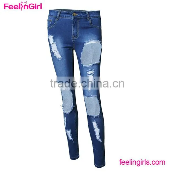 Accept OEM Girls Ripped Denim Latest Design Jeans Pants photo-3