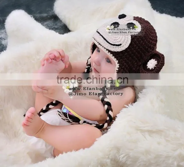 Handmade Animal Crochet Monkey Hat With Ears Baby Beanies photo-4