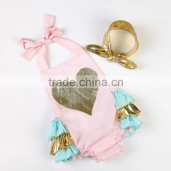 2016 Hot Selling Ruffle Rompers Set Baby Sparkle Heart Bubble Romper With Headhand Boutique Kids Summer Clothes Jumpsuit photo-4