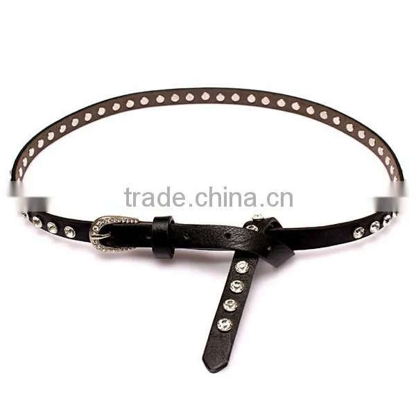 Fashion Rhinestone Decorated Pin Buckle Sex Girl Black Thin PU Waist Belt photo-2