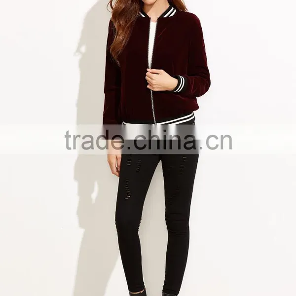 Jacket Women Winter Burgundy Stand Collar Bomber Jacket Slim Fit Velvet Blazer With Striped Trim Detail photo-6