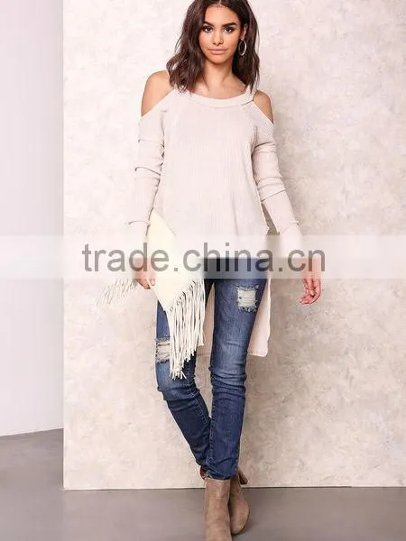 Popular High Quality Cold Beige Shoulder Knit Tops Sexy Off Asymmetric Sexy Party Sweaters photo-2