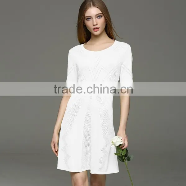 New Arrival Desgin for Lady Kintting Hollow Pattern Round Neck Dress With Half Sleeves photo-4
