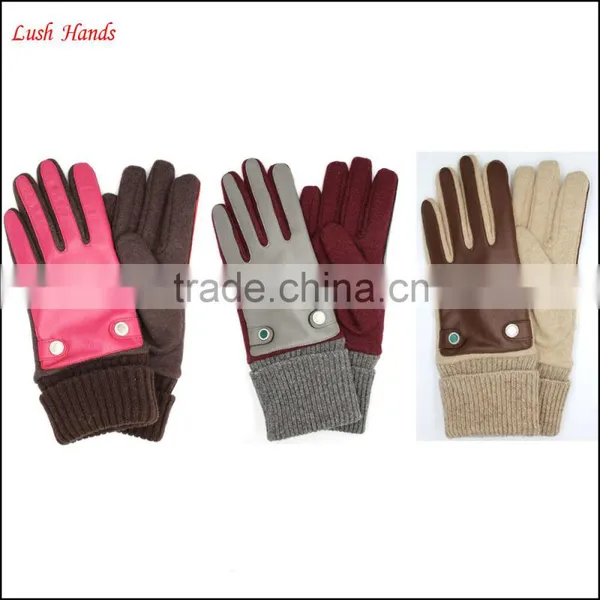 Ladies Fashion Cheap Leather & Woolen Gloves