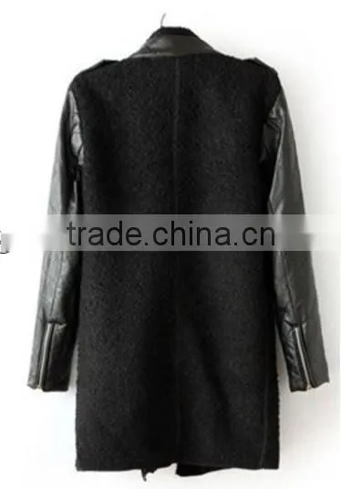 Black Contrast Leather Quilted Sleeve Wool Zipper Coat photo-2