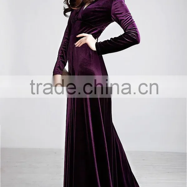 2014 Long Sleeve Velevt Evening Dresses Elegant Purple Long Dresses Long Sleeve Velevt Evening Dresses of Velvet Dresses photo-3