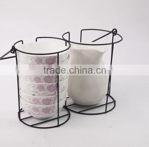 Set of Pitcher and 6pcs Bowl With Metal Rack,ceramic Bowl Set