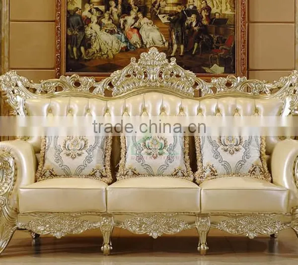 Graceful New Classic Living Room Sofa Solid Wood Carving Champagne Goldfoil Genuine Leather Sofa Set photo-4