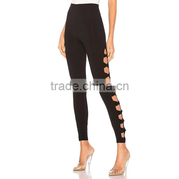 High Waisted Cut Out Design Fashion Ladies Distressed Workout Leggings photo-5