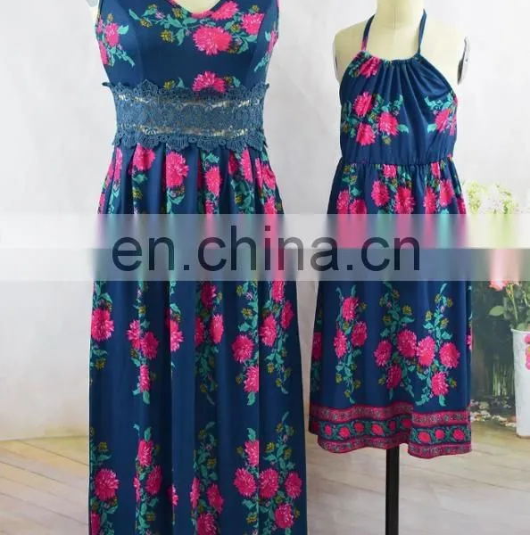 Fashion Design Mommy and me Outfits Blue Floral Printed Mother Daughter Matching Dress photo-4