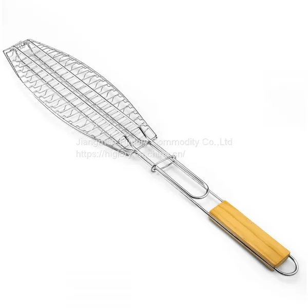 BBQ Fish Grill Basket Chrome plated BBQ Barbecue Grill Accessories Mesh Wire Fish Basket with wood handle