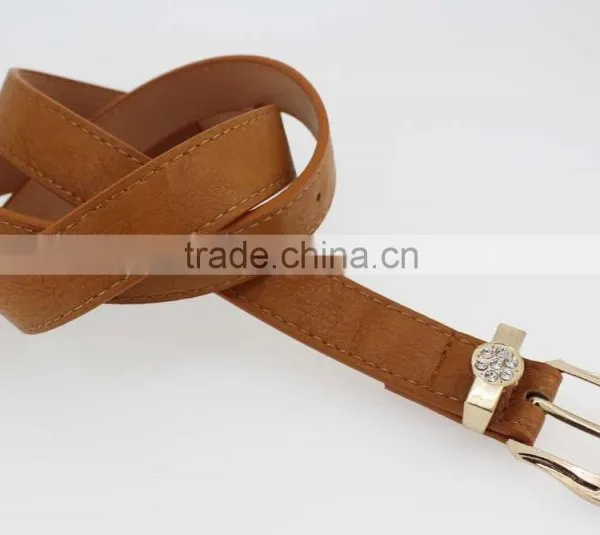 Women's Plain Brown PU Leather Belt With Rhinestone Buckle photo-4