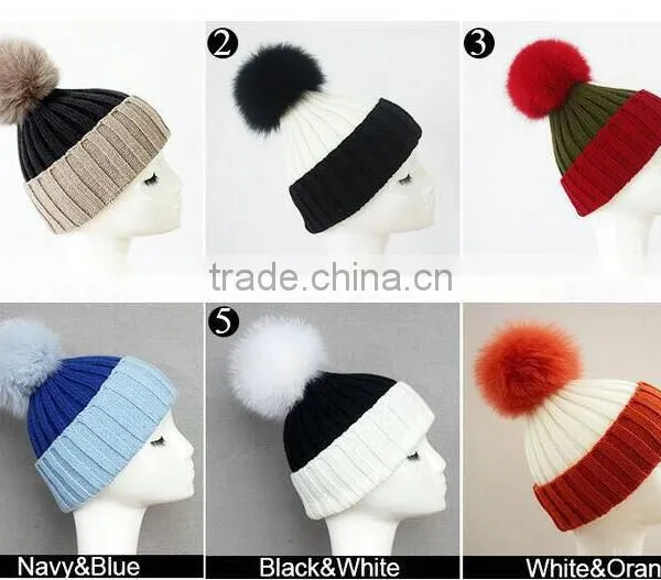 KH31 Wholesale Factory Price Wool Knitted Hat With Fox Fur Pompons photo-3