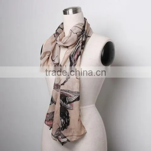 Khaki Begonia Flower Ink Style Long Cotton Neck Scarf Shawl photo-2
