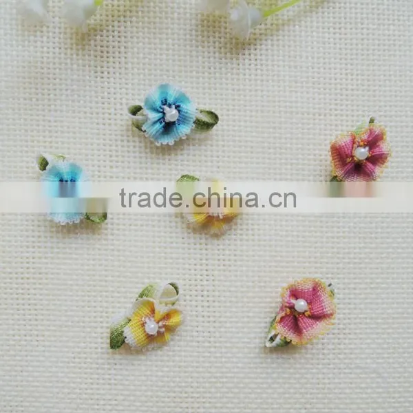 Wholesale Small Ribbon Flower With Leaf and Pearl in Stock