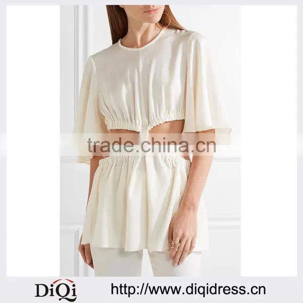 Wholesale Women Apparel Fluted Sleeves Cut-out Waist Satin-crepe Off-white Lady's Top(DQE0374T)