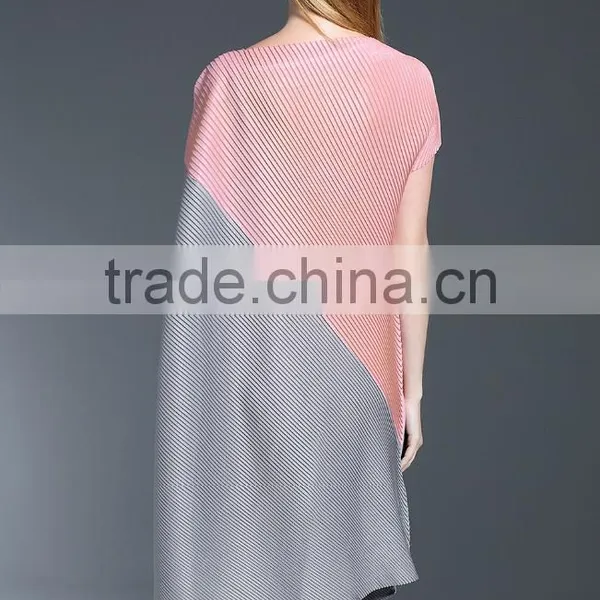 Women Pleat Trendy High Low Hem Design Sloping Shoulder Dress photo-3