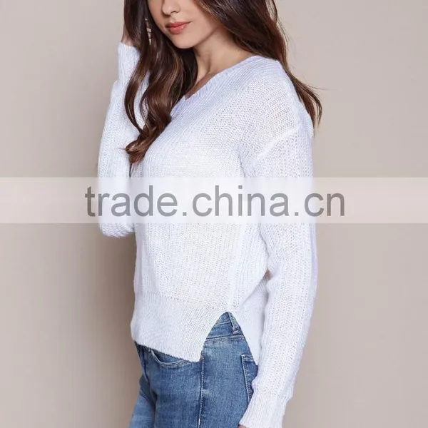 MGOO New Arrival Women V Neck Sweaters Split Long Sleeves Knitted Fast Fashion Tops Plain White Sweaters photo-4