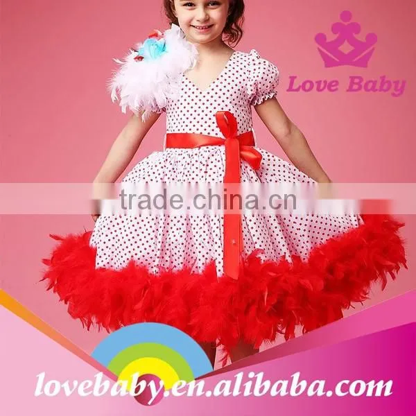 Fashion Red Polk Dot Dress Feather on Shoulder Wedding Tutu Dress for Child Girls