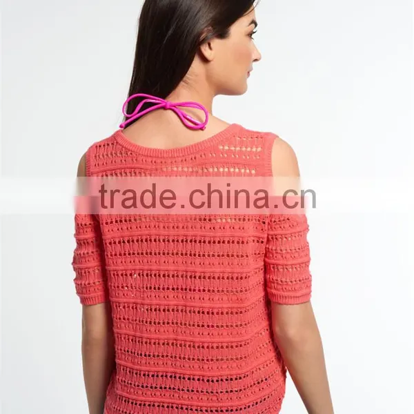 Shandao Factory Summer New Arrivals Casual Round Neck Short Sleeve Off Shoulder See Through Orange Lace Sexy Weatern Tops Ladies photo-4