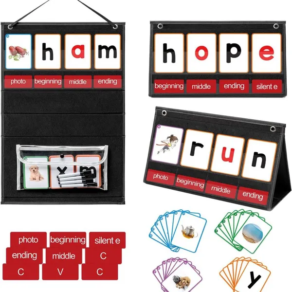 CVC Word Builder Desktop Pocket Chart With 107 Cards, Kids Word Builder Games for CVC CVCC CCVC Learning Reading Spelling Early Education Tool for Preschool Kindergarten Classroom