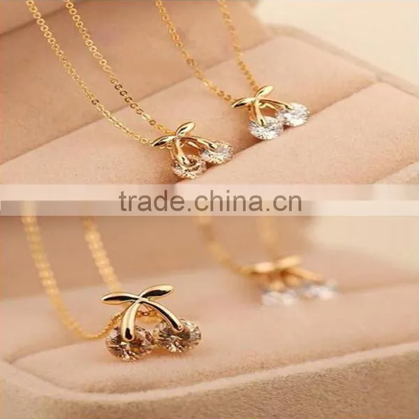 Cute Cherry Shaped Crystal Pendant Necklace With Long Chain Golden Necklace photo-2