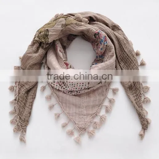 Cotton Flower Plain Triangle Scarf With Short Tassel Fringe photo-6