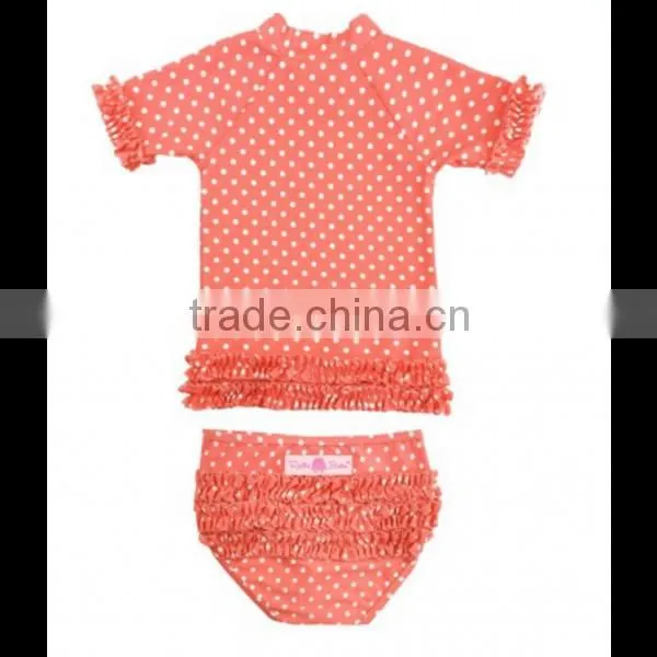 (SM112#coral )2-6T Deep Coral Polka Dot Ruffled Rash Guard Bikini for Children Clothing photo-3
