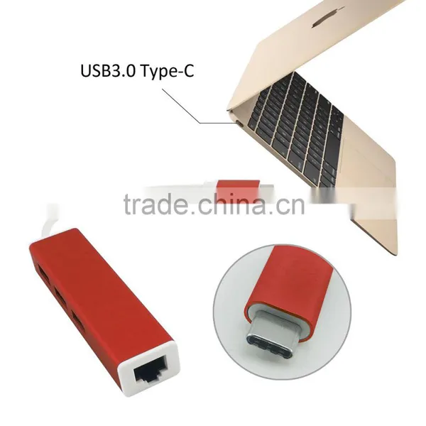 Portable High Speed USB Type C to 3-Port USB2.0 HUB With 1-Port 100M or 1000M Gigabit RJ45
