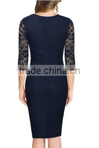 Women's Deep-V Neck Ruffles Floral Lace Fitted Retro Evening Pencil Dress photo-5
