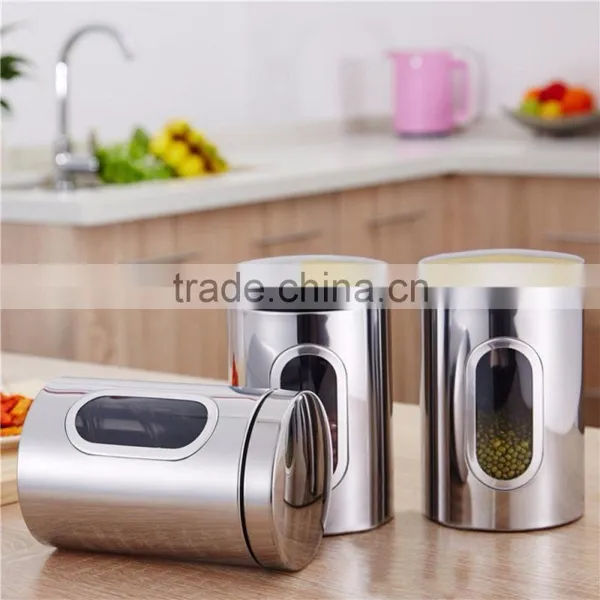 3pcs Round Stainless Steel Tea Coffee Sugar Canisters With Transparent Window photo-3