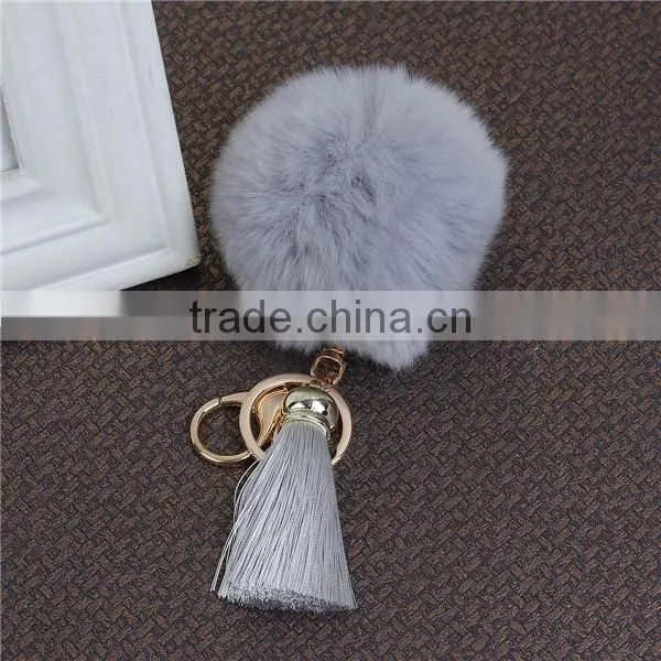 Custom Gold Plated Gray Angora Pom Pom Ball Rayon Tassel Keychain photo-3