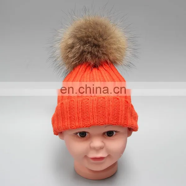 Top Grade Red Child Pompom Hats for Kids With 15cm Large Raccoon Fur Ball photo-2