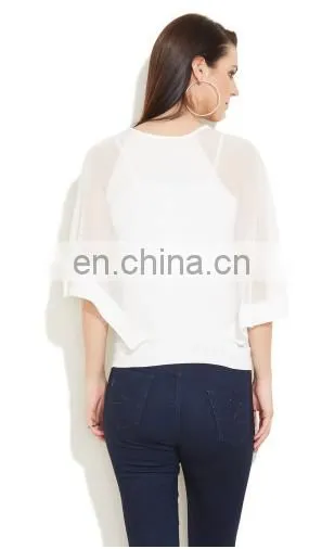 2015 White Top With Smocking And Tie-up Women Blue Floral Print Tie-up Top photo-3