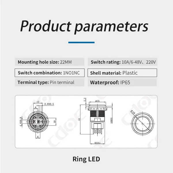 Ip65 22mm Flat and Ring Illumination Head 48v SPST Red Green Blue pc Momentary Switch photo-3