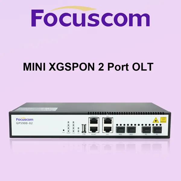 Mini XGSPON OLT 2 Port Layer 3 Managed Optical Line Terminal с 10G SFP+ Uplink. Высокоскоростной FTTH-решение для малых провайдеров. XGPON OLT Focuscom GP5900-02